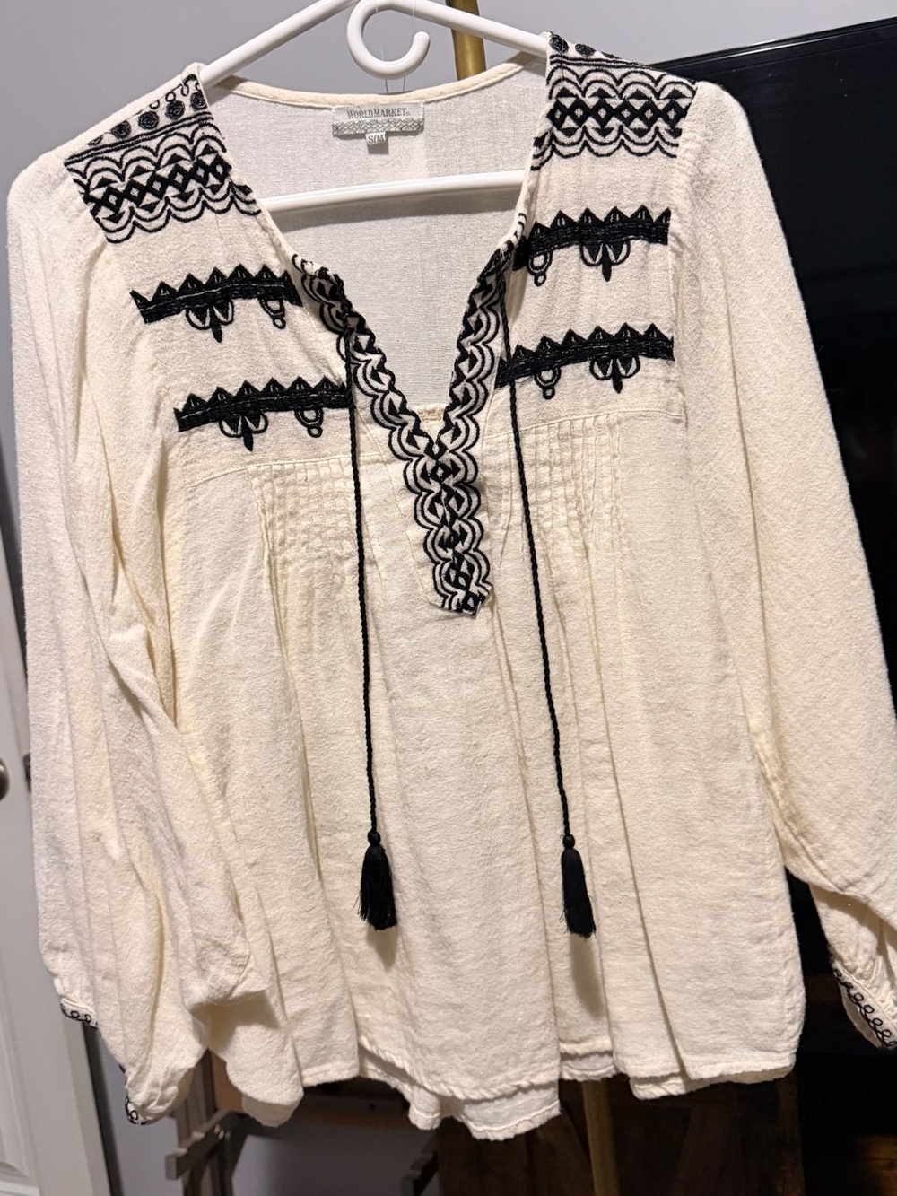 World Market Ivory Tunic with Black Embroidery and Tassels